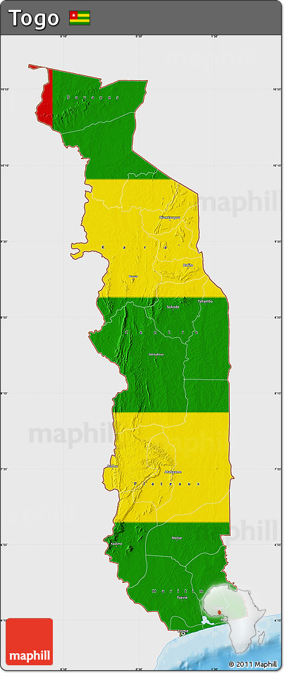 Flag Map of Togo, single color outside, bathymetry sea, shaded relief sea, flag centered