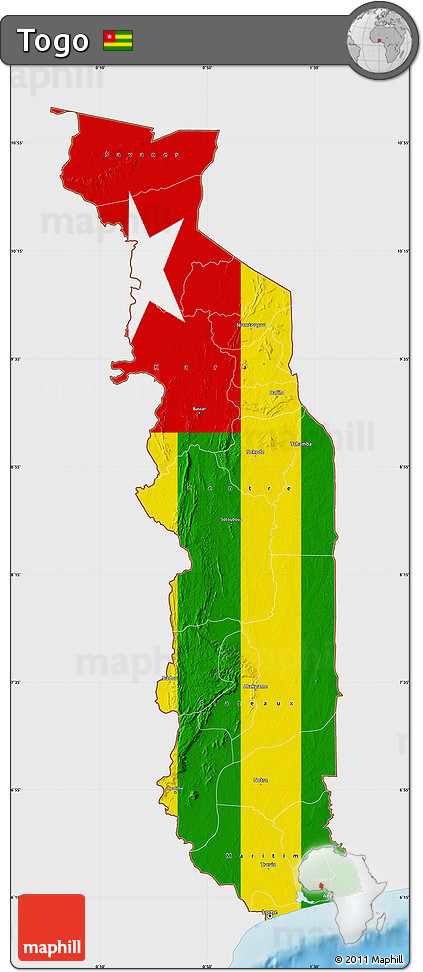 Flag Map of Togo, single color outside, shaded relief sea, flag rotated