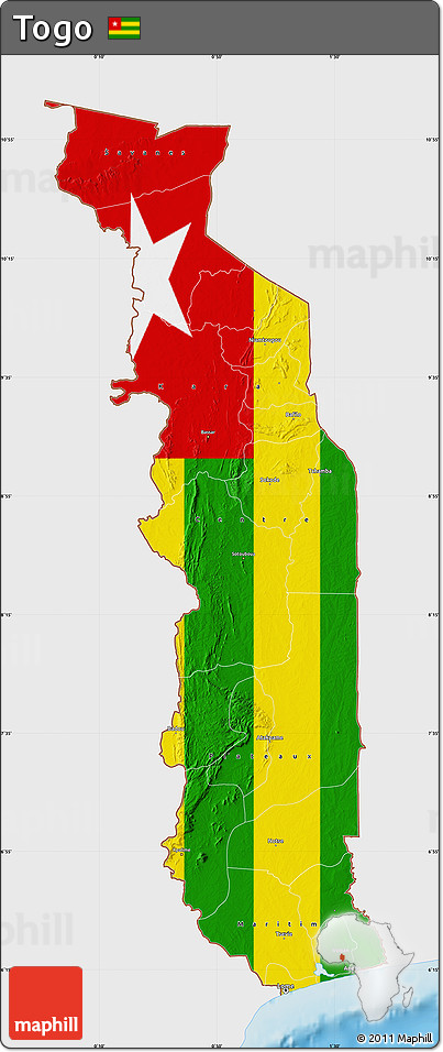 Flag Map of Togo, single color outside, shaded relief sea, flag rotated
