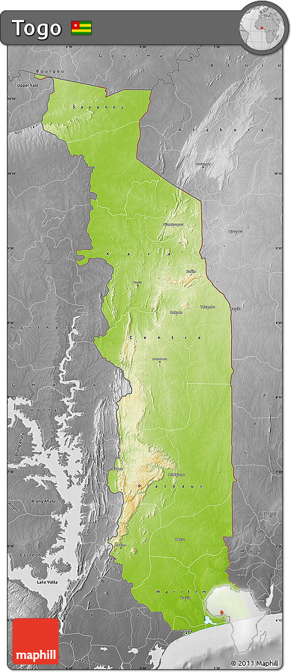 Physical Map of Togo, desaturated