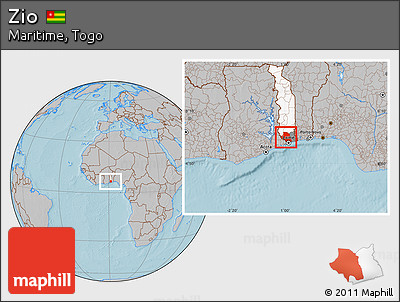 Gray Location Map of Zio, highlighted country, highlighted parent region, hill shading