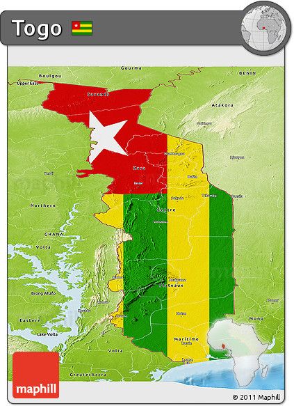 Flag Panoramic Map of Togo, physical outside, bathymetry sea, flag rotated