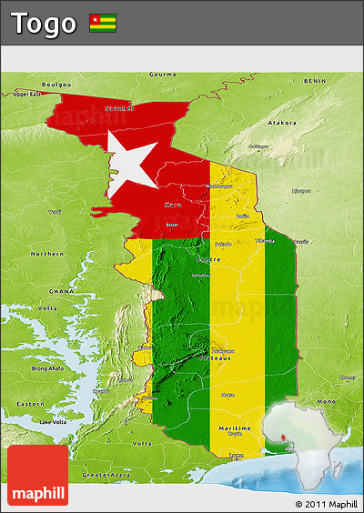 Flag Panoramic Map of Togo, physical outside, bathymetry sea, flag rotated