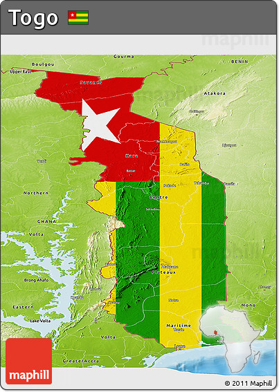 Flag Panoramic Map of Togo, physical outside, bathymetry sea, flag rotated