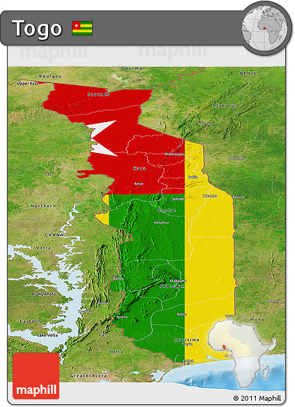Flag Panoramic Map of Togo, satellite outside, bathymetry sea, flag aligned to the middle