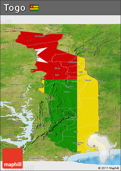 Flag Panoramic Map of Togo, satellite outside, bathymetry sea, flag aligned to the middle