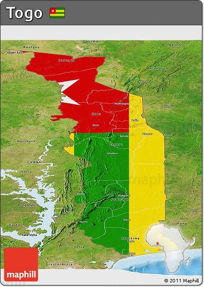 Flag Panoramic Map of Togo, satellite outside, bathymetry sea, flag aligned to the middle