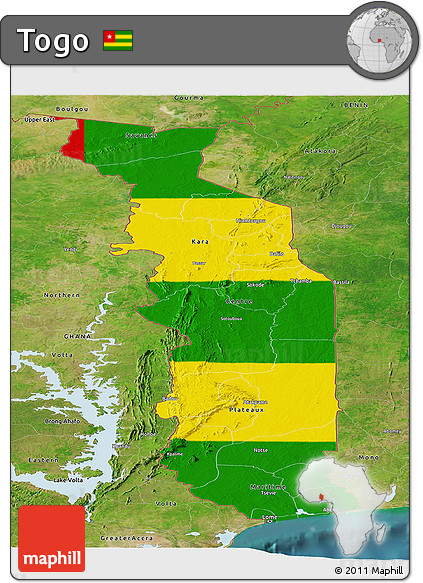 Flag Panoramic Map of Togo, satellite outside, flag centered