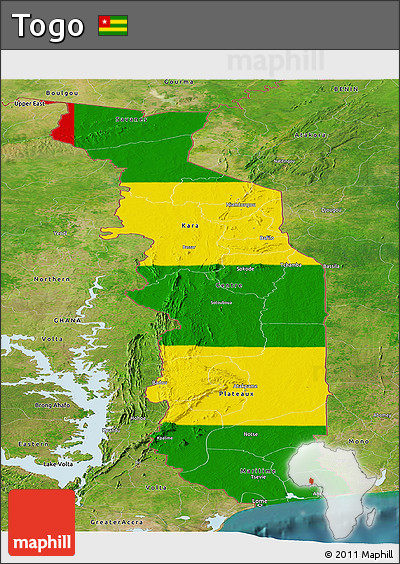 Flag Panoramic Map of Togo, satellite outside, flag centered
