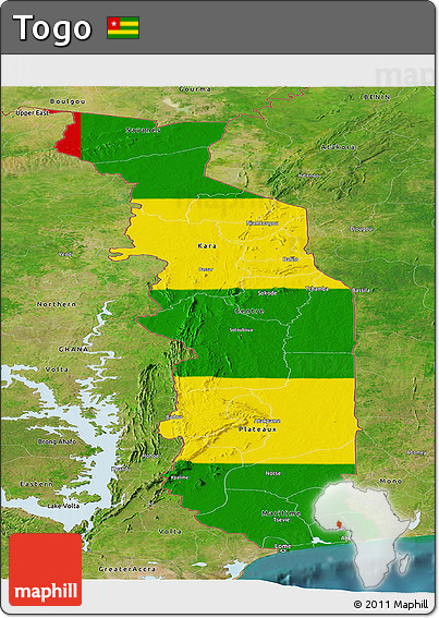 Flag Panoramic Map of Togo, satellite outside, flag centered