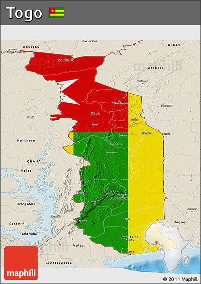 Flag Panoramic Map of Togo, shaded relief outside, bathymetry sea, flag aligned to the middle