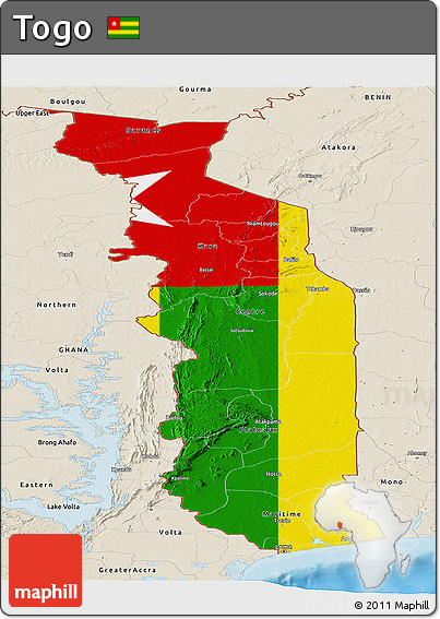 Flag Panoramic Map of Togo, shaded relief outside, bathymetry sea, flag aligned to the middle