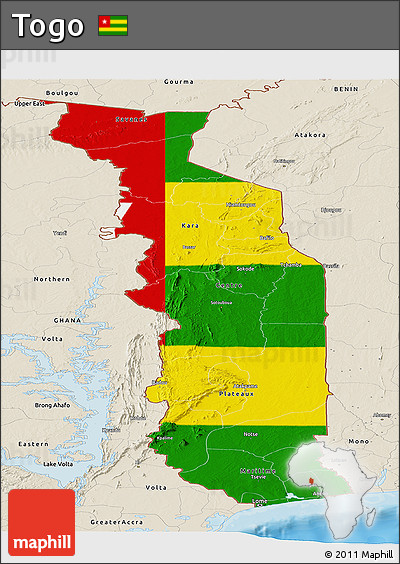 Flag Panoramic Map of Togo, shaded relief outside, bathymetry sea