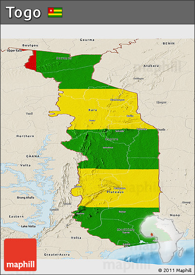 Flag Panoramic Map of Togo, shaded relief outside, flag centered