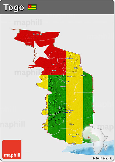 Flag Panoramic Map of Togo, single color outside, bathymetry sea, shaded relief sea, flag rotated