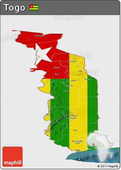 Flag Panoramic Map of Togo, single color outside, satellite sea, flag rotated