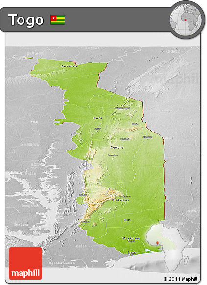 Physical Panoramic Map of Togo, lighten, desaturated