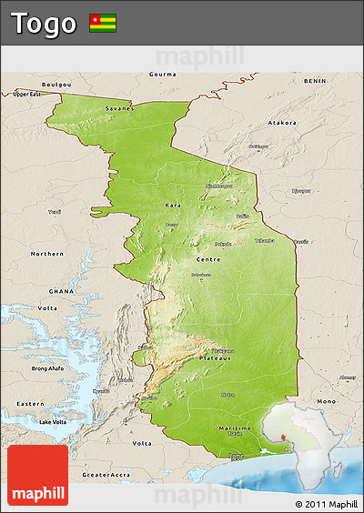 Physical Panoramic Map of Togo, shaded relief outside