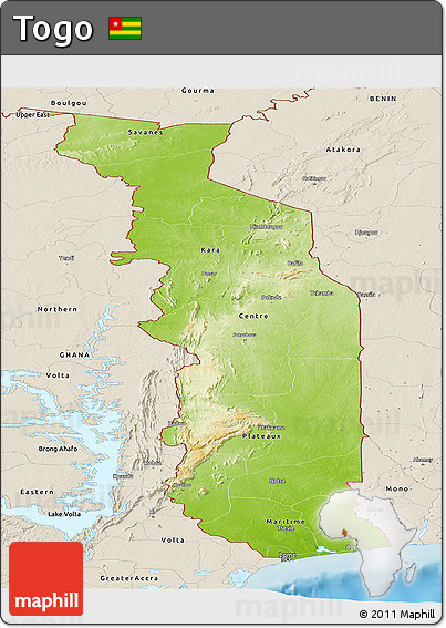Physical Panoramic Map of Togo, shaded relief outside