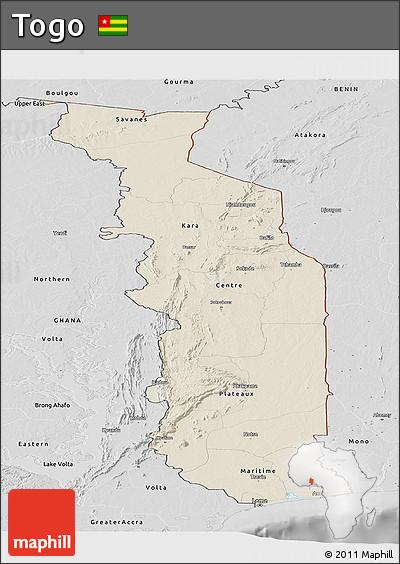 Shaded Relief Panoramic Map of Togo, desaturated