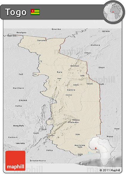 Shaded Relief Panoramic Map of Togo, desaturated
