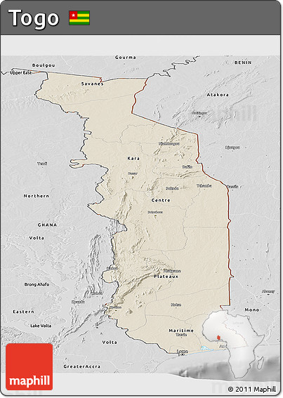 Shaded Relief Panoramic Map of Togo, desaturated