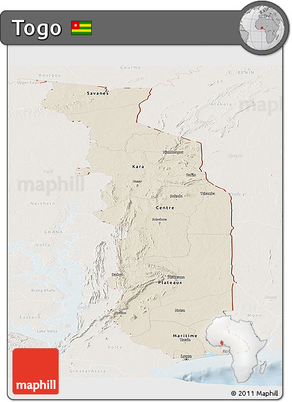 Shaded Relief Panoramic Map of Togo, lighten