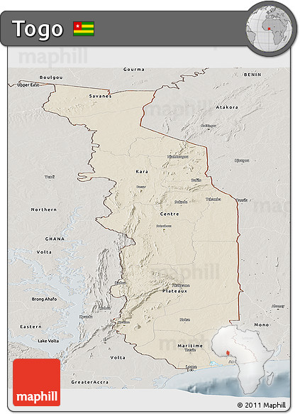 Shaded Relief Panoramic Map of Togo, semi-desaturated