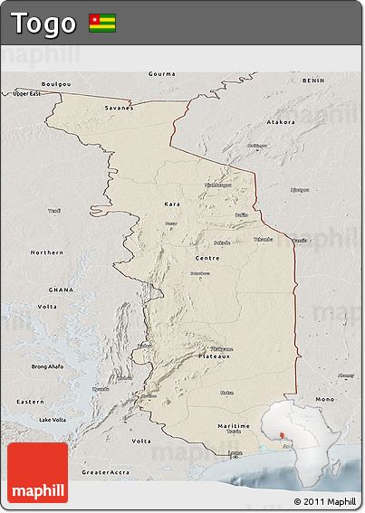 Shaded Relief Panoramic Map of Togo, semi-desaturated