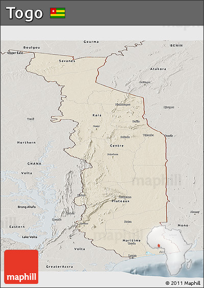 Shaded Relief Panoramic Map of Togo, semi-desaturated