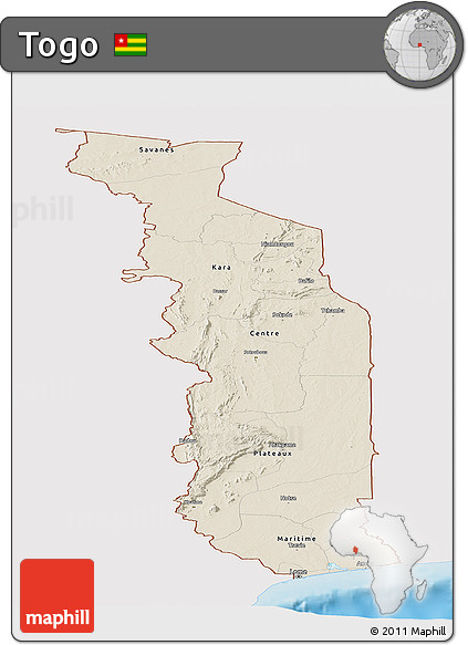 Shaded Relief Panoramic Map of Togo, single color outside