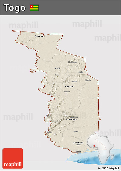 Shaded Relief Panoramic Map of Togo, single color outside