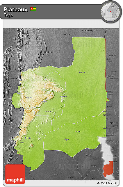 Physical 3D Map of Plateaux, darken, desaturated