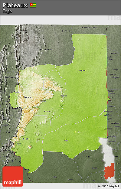 Physical 3D Map of Plateaux, darken, semi-desaturated