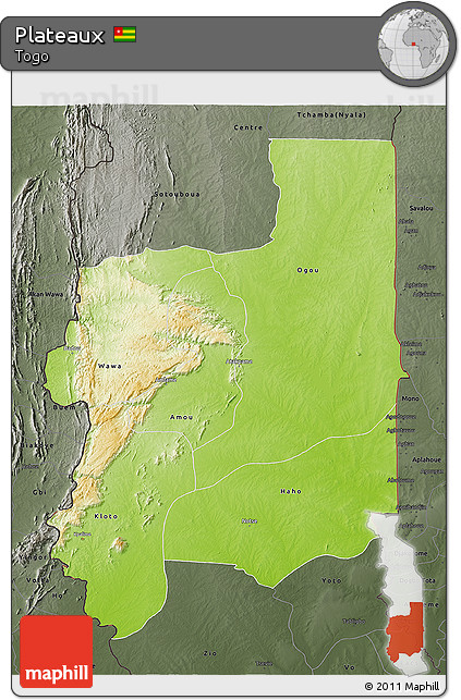 Physical 3D Map of Plateaux, darken, semi-desaturated