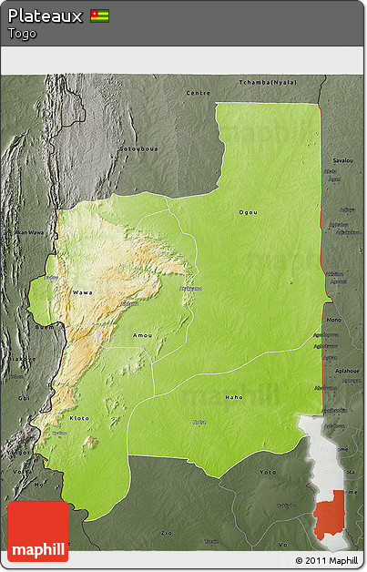 Physical 3D Map of Plateaux, darken, semi-desaturated