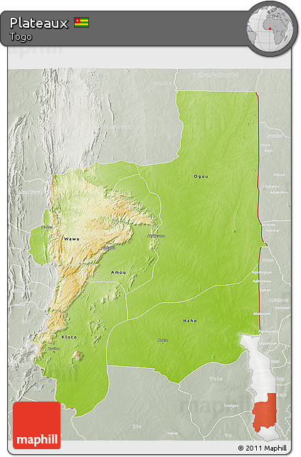Physical 3D Map of Plateaux, lighten, semi-desaturated