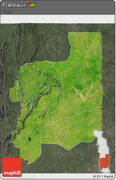Satellite 3D Map of Plateaux, darken, semi-desaturated