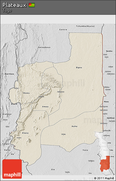 Shaded Relief 3D Map of Plateaux, desaturated
