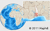 Shaded Relief Location Map of Kloto, highlighted country, within the entire country