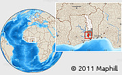 Shaded Relief Location Map of Kloto, highlighted country, highlighted parent region, within the entire country