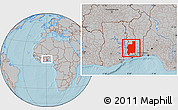 Gray Location Map of Plateaux, within the entire country, hill shading