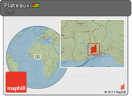 Savanna Style Location Map of Plateaux, within the entire country, hill shading