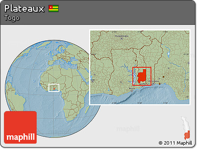 Savanna Style Location Map of Plateaux, within the entire country, hill shading