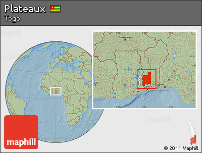 Savanna Style Location Map of Plateaux, within the entire country, hill shading