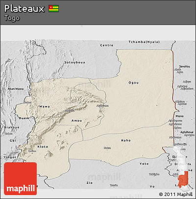 Shaded Relief Panoramic Map of Plateaux, desaturated