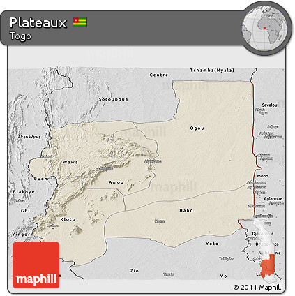 Shaded Relief Panoramic Map of Plateaux, desaturated