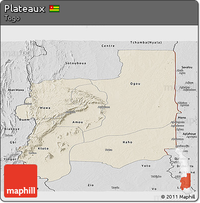 Shaded Relief Panoramic Map of Plateaux, desaturated