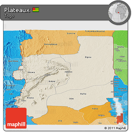 Shaded Relief Panoramic Map of Plateaux, political shades outside