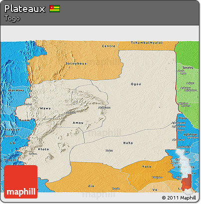 Shaded Relief Panoramic Map of Plateaux, political shades outside
